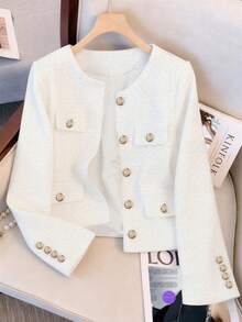 YooLy Spring Elegant Thin Front-Button Tweed Coat,With Lining,Commute-Friendly ﻿ ﻿ - White - View 4