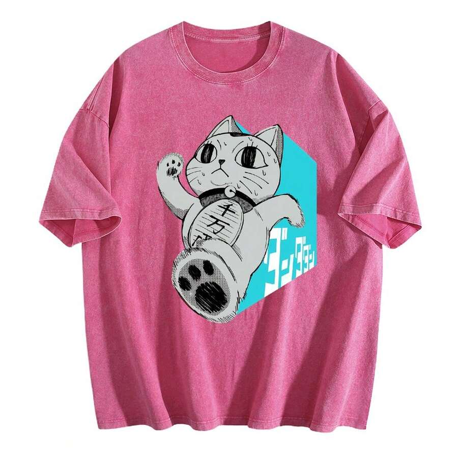 Dandadan Lucky Cat Hand-Drawn Style- Ideal For Everyday Wear, Summer Tshirt|Vintage Style Shirt|Waterwashed Fabric - Hoa hồng hồng - Xem 1