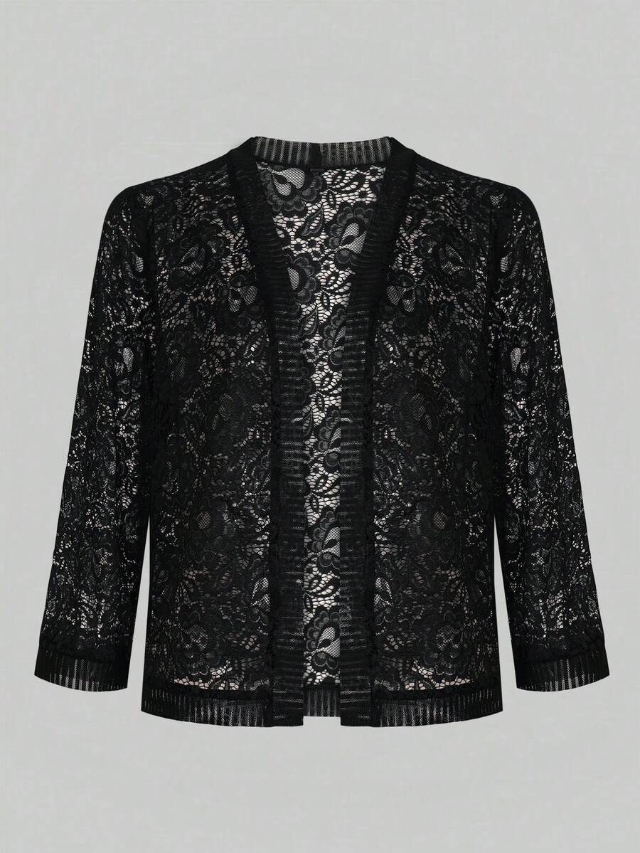 Yukiwi Plus Size Women's Solid Color Lightweight Open Front Lace Jacket Vacation Spring Black - Black - View 1