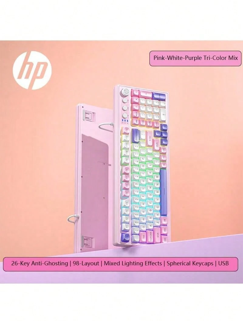 HP Teclado con cable K110 con sensación mecánica, 26 teclas anti-efecto fantasma, teclas de alto rebote para una respuesta rápida, conexión directa USB, Plug and Play, compatible con computadoras de escritorio y portátiles, rosa, blanco y morado. - rosa, blanco y morado - Ver 1
