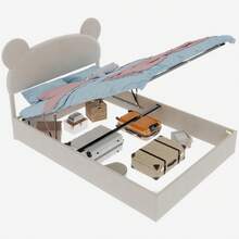 Nowoczesne i minimalistyczne tapicerowane łóżko z miękkim zagłówkiem z motywem kreskówkowym, 140x200 cm, beżowe, wielofunkcyjny mebel do sypialni, wysoka rama z systemem podnoszenia gazowego, materac nie jest wliczony w cenę. - Beż + tkanina + metal + pianka memory - Zobacz 11