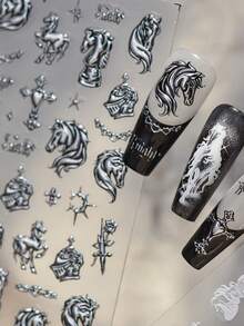 1 miếng dán móng tay hình ngựa đen bằng kim loại dập nổi hình hiệp sĩ cưỡi ngựa cổ điển 5D nghệ thuật làm móng tay thời trung cổ gothic quý tộc tự dính cho phụ nữ miếng dán móng tay tự làm độc đáo - Nhiều màu - Xem 3
