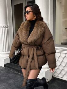 Women's Fur Collar Tie-Up Padded Coat, Autumn/Winter - Brown - View 4