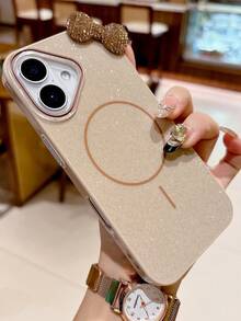 1个水钻蝴蝶结磁吸手机壳，兼容 16/15/14/13/12/11、17，闪亮超薄指环Magsafe保护套，适用于14 Pro Max - 香檳色 - 查看 3