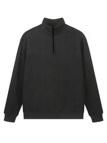 Men's Solid Color Half-Zip Sporty Sweatshirt, Minimalist Fashion Casual Everyday Wear, Thick Loose Pullover, Suitable For Spring & Autumn, Thick Fleece Lining, Suitable For Workout - Grey - View 4