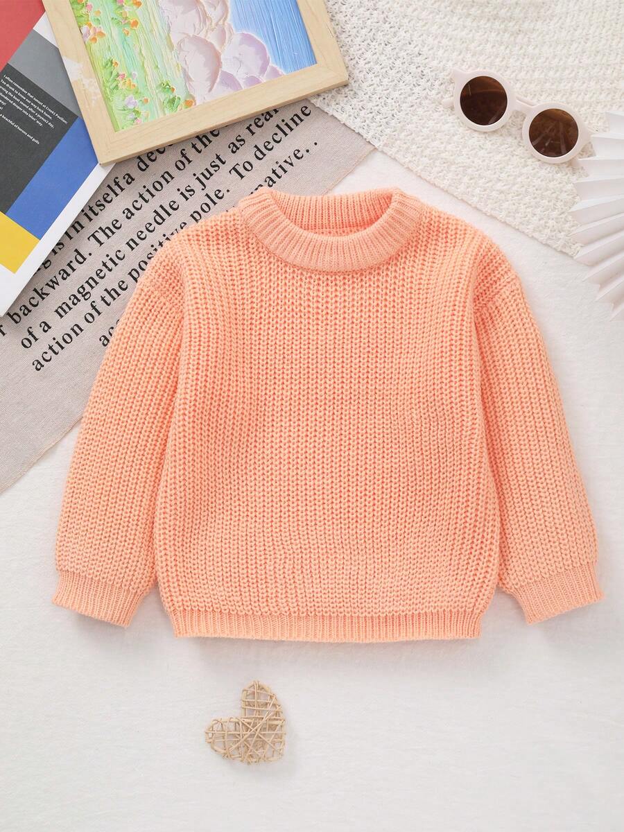 Unisex Baby Classic Solid Color Crew Neck Knit Sweater Top, Crew Neck Design, Solid Color Design, Solid Color More Suitable For Handmade Embroidery By Mothers, Add Some Elements Mothers Like, Suitable For Casual Wear Or Layering - Orange - View 1