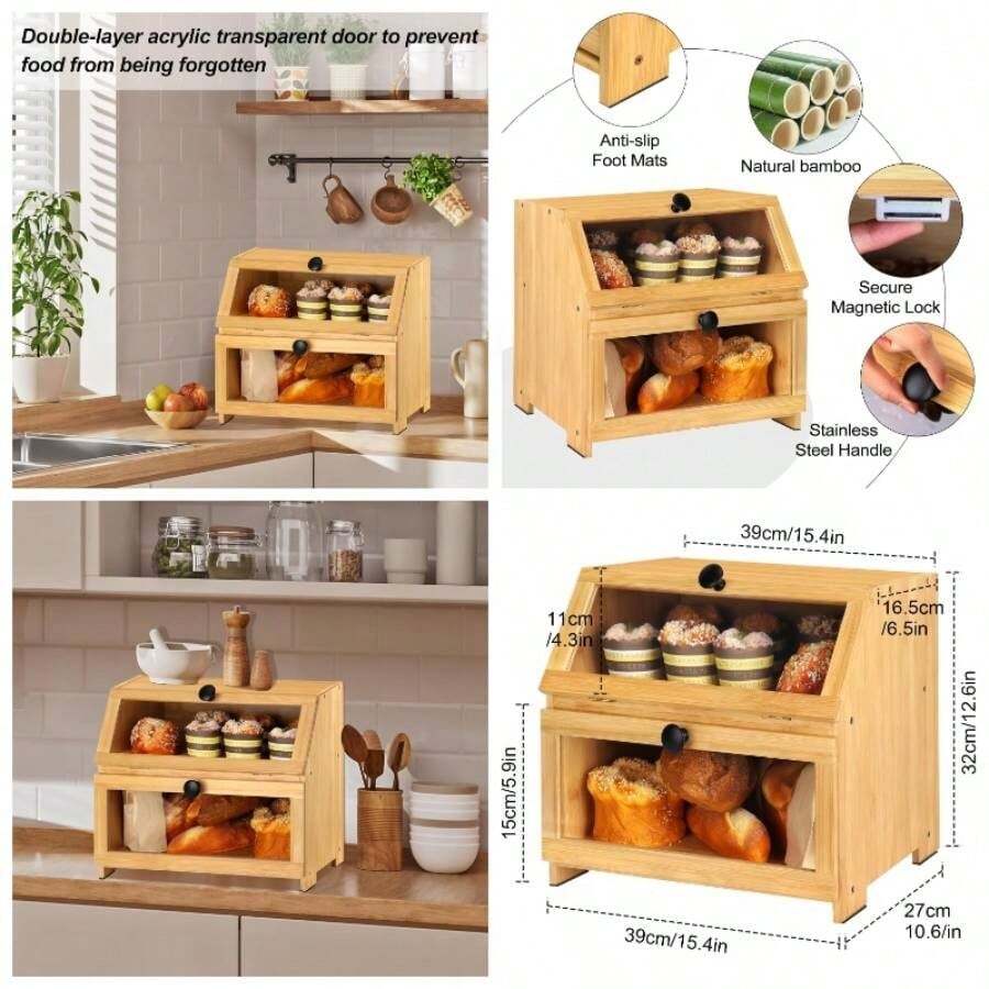 Panera de Doble Capa con Doble Puerta, Panera para Encimera de Cocina, Contenedor de Almacenamiento de Pan con Ventana de Visualizacin, Panera para Almacenar pan y fruta Autoensamblado - A: 39 x 27 x 32 cm - Ver 1