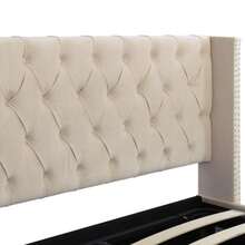 Pillow-Shaped Upholstered Bed, Double Row Of Velvet Rivets, Eyelet Stitching, 140*190 Double Bed With Hydraulic Function, Waterproof Non-Woven Fabric Bed Frame In Black And Beige. - Beige - View 6