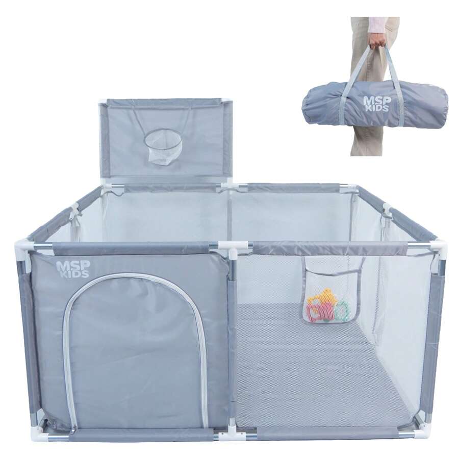 Children's Playpen With Basket, Square - Grey - View 1