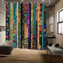 1pc High Quality Vintage Colorful Striped Floral Print Shower Curtain,100% Polyester,Machine Washable,Includes 12 Hooks,For Bathroom, Separate Wet And Dry Areas,Bathroom Decor And Accessories - 顏色5 - 查看 9