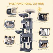 HEXCELEN 62.6" Cat Tree, Multi-Level Cats Condo With 8 Scratching Posts, Cat Tower For Indoor Cats, 3 Platforms, 2 Caves, Basket, Plush Balls, Sisal Rope, Anti-Tip Kit, Light Grey - Dark Grey - View 7