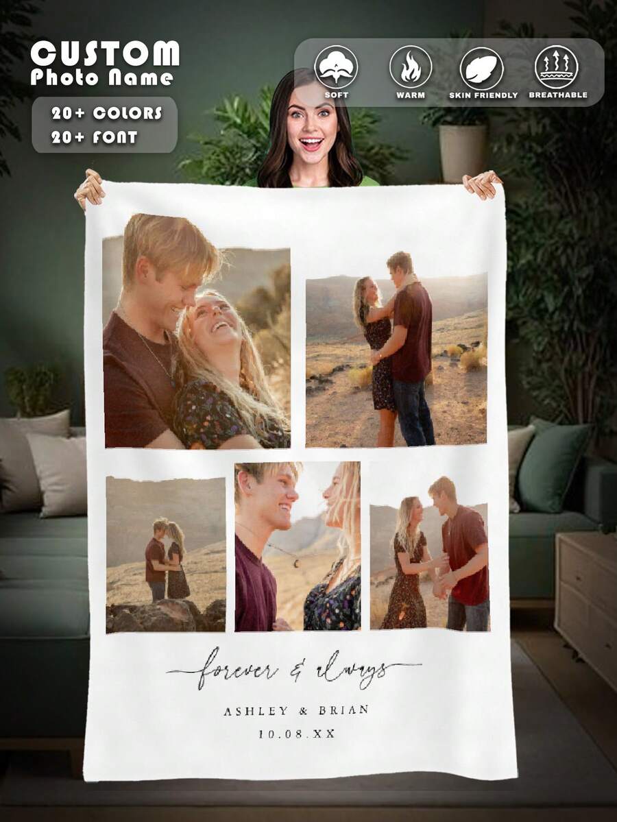 1pc Customized Photo Blanket, Customized Flannel Blanket, Can Print Photos And Text, Bedding Blanket, Customized Bed Blanket, Customized Picture Blanket, Personalized Family Photo Blanket, Customized Image Blanket, Personalized Throw Blanket, Best Friend Blanket, Cozy Blanket, Family Gift, Wedding Gift, Birthday Gift, Gift For Friends, Gift For Her - 5 Photo - 查看 1
