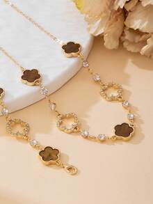 1pc Brown Clover Pendant Necklace With Rhinestones, Elegant High-End Women Jewelry Set With 1pc Bracelet, Gift For Valentine's Day - Brown - View 5