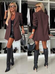 Women's Elegant Double-Breasted Long Sleeve Lapel Blazer - Coffee Brown - View 6
