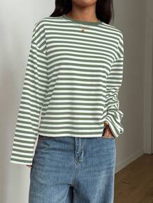 Women's Casual Top, Striped Color Block Ribbed Everyday Wear - Green and White - View 11
