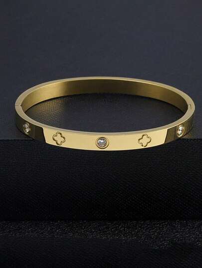 男士不锈钢四叶花水钻手链，简约奢华，适合日常通勤、商务休闲佩戴，情人节专属礼物