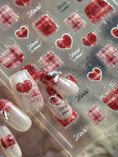 1 pieza Pegatinas de uñas con textura de tweed de corazón a cuadros rojo brillante 5D, arte de uñas acogedor y romántico, autoadhesivo para una manicura DIY elegante para mujeres