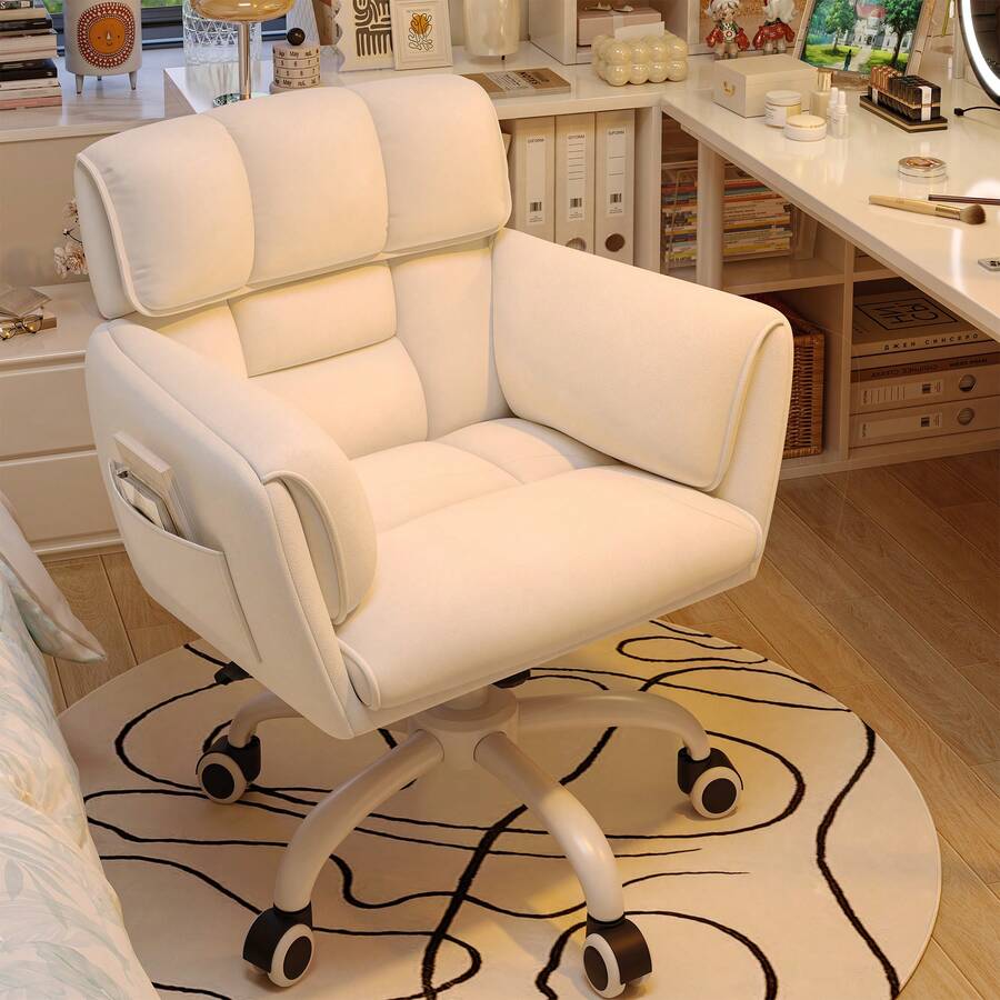 EnHomee Home Office Chair With Wheels & Side Pockets Vanity Chair Adjustable Height Soft Upholstered Modern Desk Chair With Backrest & Arm For Bedroom, White - trắng - Xem 1
