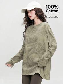 Áo thun dài tay dáng rộng đa năng JUTU dành cho nữ mùa xuân thu, thích hợp mặc dịp Tết Nguyên đán, in họa tiết tranh thủy mặc, cổ tròn, phù hợp cho ngày Valentine hoặc các dịp thường nhật. - 0A33 Màu kaki - Xem 4