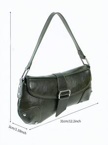 新款深绿色蜡皮腋下包，机车风单肩包，复古手提包，休闲腋下包，Y2K水桶包，新月包，少女街头风，节日礼物，派对，日常佩戴，新款女包，深绿色PU包