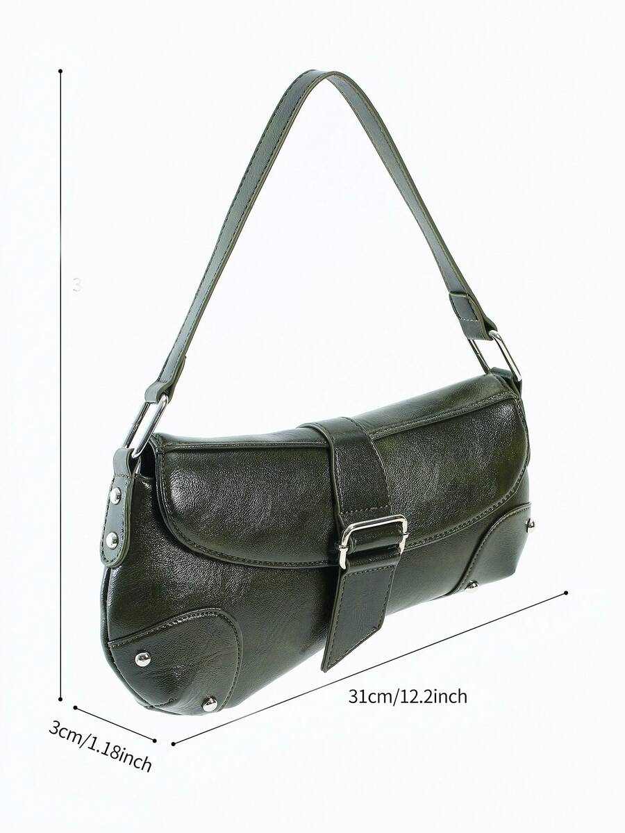 新款深绿色蜡皮腋下包，机车风单肩包，复古手提包，休闲腋下包，Y2K水桶包，新月包，少女街头风，节日礼物，派对，日常佩戴，新款女包，深绿色PU包