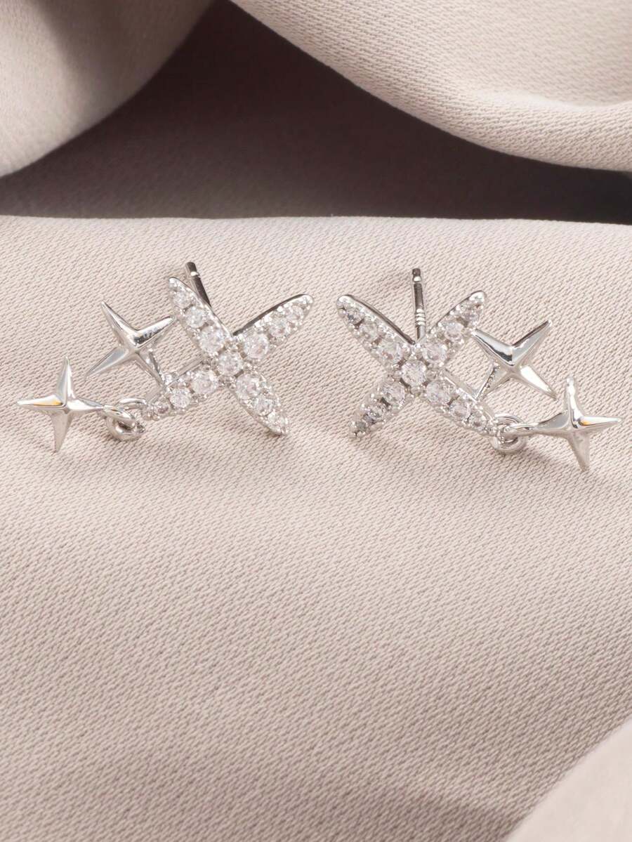 1对奢华四星耳环，小众设计，高端美学耳钉 - 銀色 - 查看 1