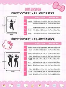 SANRIO 3件套可爱印花床上用品套装 - （1件被套+2件枕套，不含填充物），卡通全尺寸，柔软舒适，适合宿舍、家庭卧室、酒店，四季皆宜，带拉链封口和枕套，多种颜色可选，加大尺寸床上用品套装 - 粉色 - 查看 4