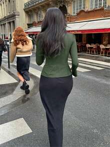 女士条纹长袖休闲性感衬衫 - 軍綠色 - 查看 4
