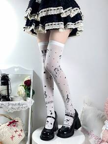 1 đôi tất dài đến đùi kiểu Lolita dễ thương với họa tiết nốt nhạc dành cho nữ - Nhiều màu - Xem 3