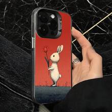 Funda de Teléfono Diseño de Conejo Rojo Sosteniendo Flor para iPhone 14 13 12 11 Pro Max y  Galaxy S23 S22 S21 Plus Opción de Regalo Ideal para Todas las Estaciones - Plateado - Ver 4