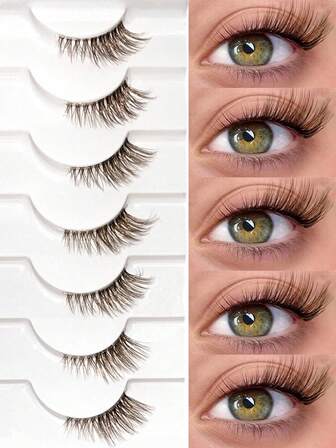 7 pares de pestañas postizas de esquina de aspecto natural en marrón, con banda transparente, suaves y esponjosas con extremo de ojo de gato alargado, pestañas postizas naturalmente medias que se pueden reutilizar