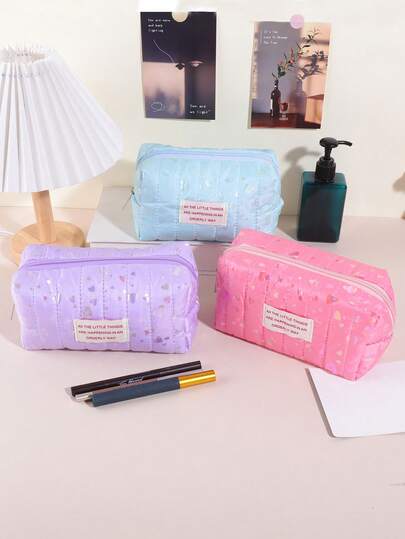 1pc Romantic Valentine's Day Heart Pattern Pillow-Shaped Pencil Case, Comfortable Fabric, Soft Shape Changeable Toiletry Bag, Long Dotted Line Design Stationery Storage Bag, Portable And Fashionable Storage Bag For Travel - A Gift For Friends