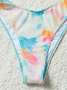 Women's Fashion Tie-Dye Elegant Halter Tie Bikini 4-Piece Set, Comes With Coverup And Skirt, Spring/Summer - Mint Blue - View 7