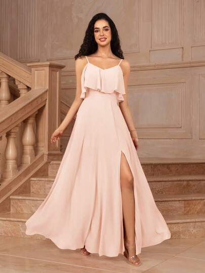 MOEVIO Women's Elegant Spaghetti Straps Sweetheart Neck Petal Flounce Ruffle Split Thigh Formal Evening Bridesmaid Wedding Guest Maxi Dress For Spring Summer Graduation Homecoming Gown