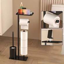 1pc Floor-Standing Toilet Brush Holder, RV Multipurpose Storage Rack, Freestanding Toilet Paper Holder With Storage Shelf, Bathroom Tissue Paper Towel Rack, Detachable Floor-Standing Cleaning Rack With Toilet Paper Holder - Multicolor - View 1