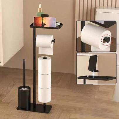 1pc Floor-Standing Toilet Brush Holder, RV Multipurpose Storage Rack, Freestanding Toilet Paper Holder With Storage Shelf, Bathroom Tissue Paper Towel Rack, Detachable Floor-Standing Cleaning Rack With Toilet Paper Holder