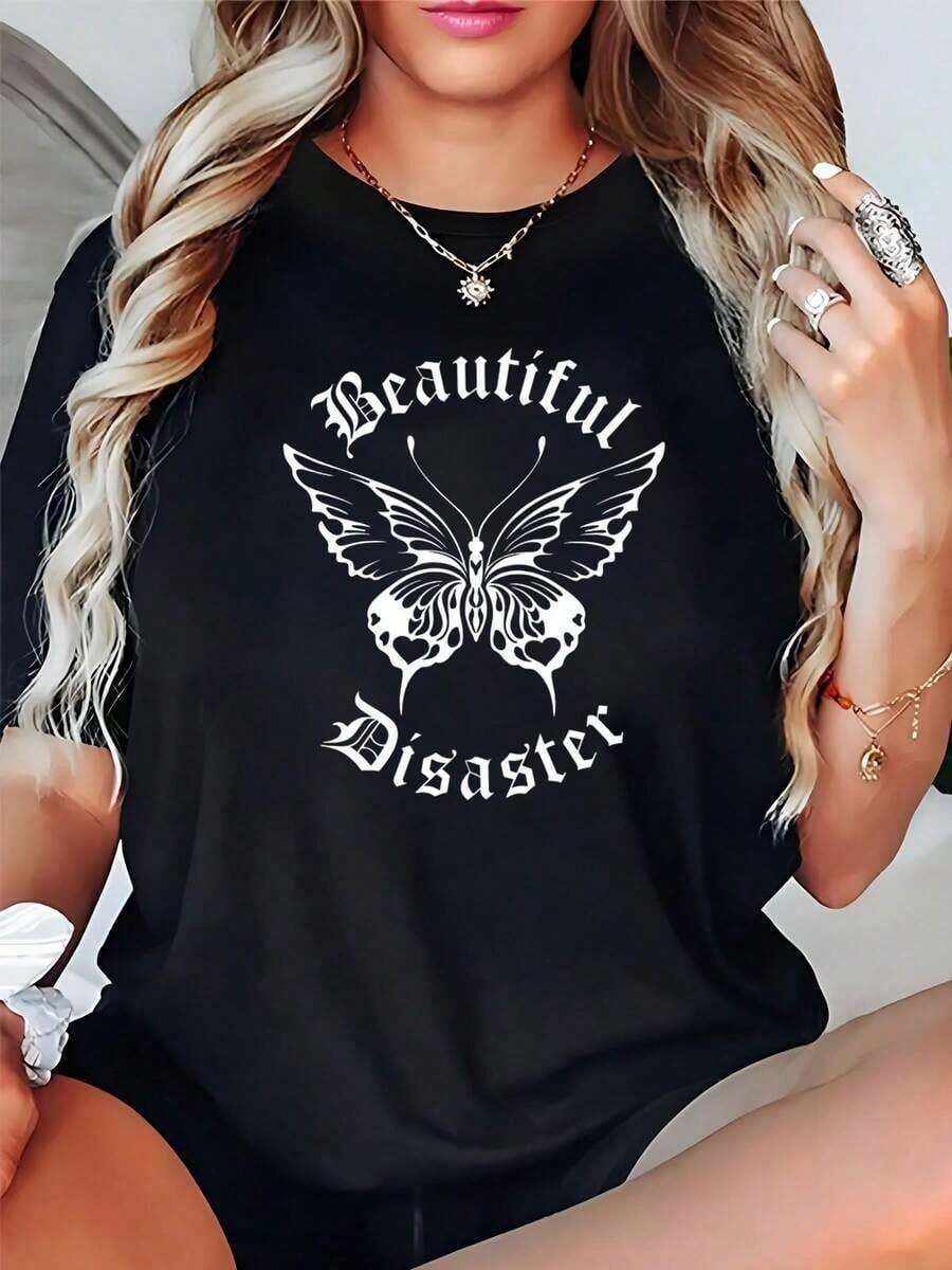 Easter Butterfly Print Loose Fit Casual Black T-Shirt For Women, Everyday Wear, Ins Style Graphic Tee With Beautiful Disaster Text Design, Comfortable And Versatile Top For Spring Outfits - 黑色 - 查看 1