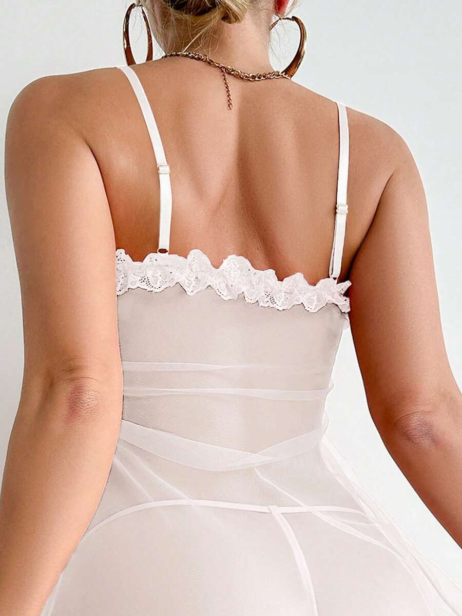 Camisón blanco para mujer, vestido de muñeca lindo, decoración con lazo, encaje y gasa nupcial, abertura, bajo con volantes, conjunto de lencería sexy de verano, nupcial, ropa interior de novia, conjunto de vestido de gasa sexy - Blanco - Ver 1