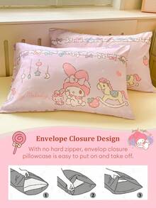 3pcs Sanrio Cute Printed Bedding Set - Melody (1pc Duvet Cover + 2pcs Pillowcases, Without Filler), Cartoon Full Size, Soft & Comfortable, Suitable For Dorm, Home Bedroom, Hotel, All Seasons, With Zipper Closure And Pillowcases, Multi-Color Durable, Extra Large Size Bedding Set - Pink Yellow - View 9