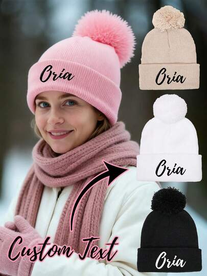 Custom-Made Knitted Hats, Personalized Pom-Pom Knitted Hats, Unisex Winter Brimless Hats, Stylish And Unique, Can Be Printed With Your Name, A Must-Have Item For Winter/Autumn/Spring. Available In Multiple Colors, A Perfect Gift For Valentine's Day, Thanksgiving, New Year's, And Birthdays.