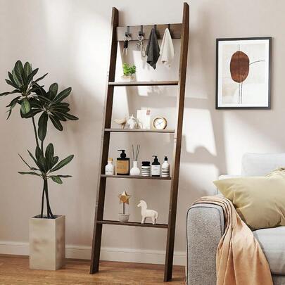Wall Leaning Blanket Ladder 5-Tier Ladder Shelf With 5 Removable Hooks Industrial Blanket Holder Rack Drying And Display Rack For Bathroom Living Room Entrance Brown