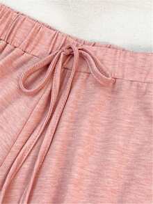 2pcs Set Solid Color Casual Knit Fabric V-Neck Drawstring Short Sleeve Hoodie And Shorts Set For Women, Suitable For Spring, Summer, Autumn, Daily Wear, Sports & Leisure Pink - Pink - View 5