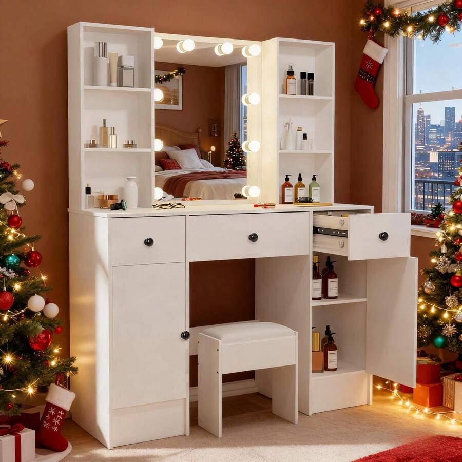 Vanity Set With Led Lights Makeup Desk Dressing Dresser Desk Table With 3 Drawer - Perfect For Organizing Makeup, Skincare, Elegant Vanity|Decorative Vanity, Vanity Furniture, Compact For Small Space, Bedroom Decor Gift, Perfect Gift For Women Girls , Ideal Para Regalos De Navidad Y Halloween. - White - View 1