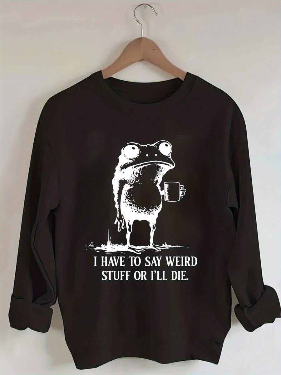 Women's Quirky "I Have To Say Weird Stuff Or I'll Die" Frog Graphic Hoodie - Cute Frog Holding Cup Pullover, Soft Casual Sweatshirt For All-Season Wear (Machine Washable) - màu đen - Xem 1