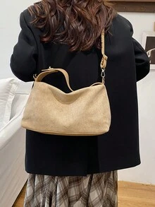 1个卡其色绒面革面料顺滑拉链金属锁扣时尚百搭休闲纯色秋冬新款小众手提包，适合女士日常使用 - 卡其色 - 查看 10