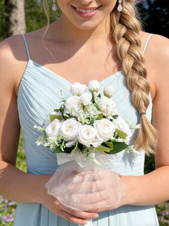 1PC Wedding Bouquets For Bride Bridesmaid Bouquet,Champagne White Artificial Roses For Wedding Valentine's Day Church Home Decoration