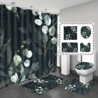 1pc/4pcs Watercolor Eucalyptus Leaf Pattern Shower Curtain Set, Bathroom Decor, Bathroom Rug, Bath Mat, Home Decoration, Gift, Green Plant Theme, Bathroom Set, Comes With 12 Hooks