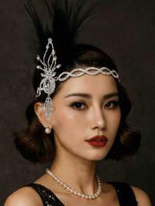 1件银色法式新娘水钻链条黑色羽毛头箍，用途广泛，适用于舞会、婚礼、派对、头饰、头部饰品 - 銀色 - 查看 1