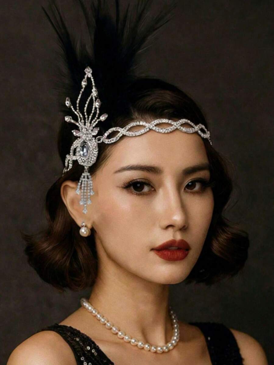 1件银色法式新娘水钻链条黑色羽毛头箍，用途广泛，适用于舞会、婚礼、派对、头饰、头部饰品 - 銀色 - 查看 1