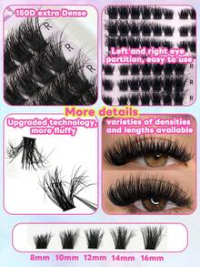 154 PEÇAS/138 PEÇAS/122 PEÇAS/106 PEÇAS Cílios Individuais Wispy Cluster Cílios Mikiwi Cílios Volumosos em Cluster 80D/100D/120D/150D Extensões de Cílios Individuais em Cluster Grossos Cílios em Cluster Curl D Fácil DIY em Casa - Preto - Visão 4